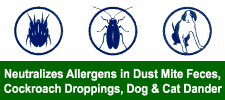 neutralizes dust mite, cockroach and dog and cat allergens